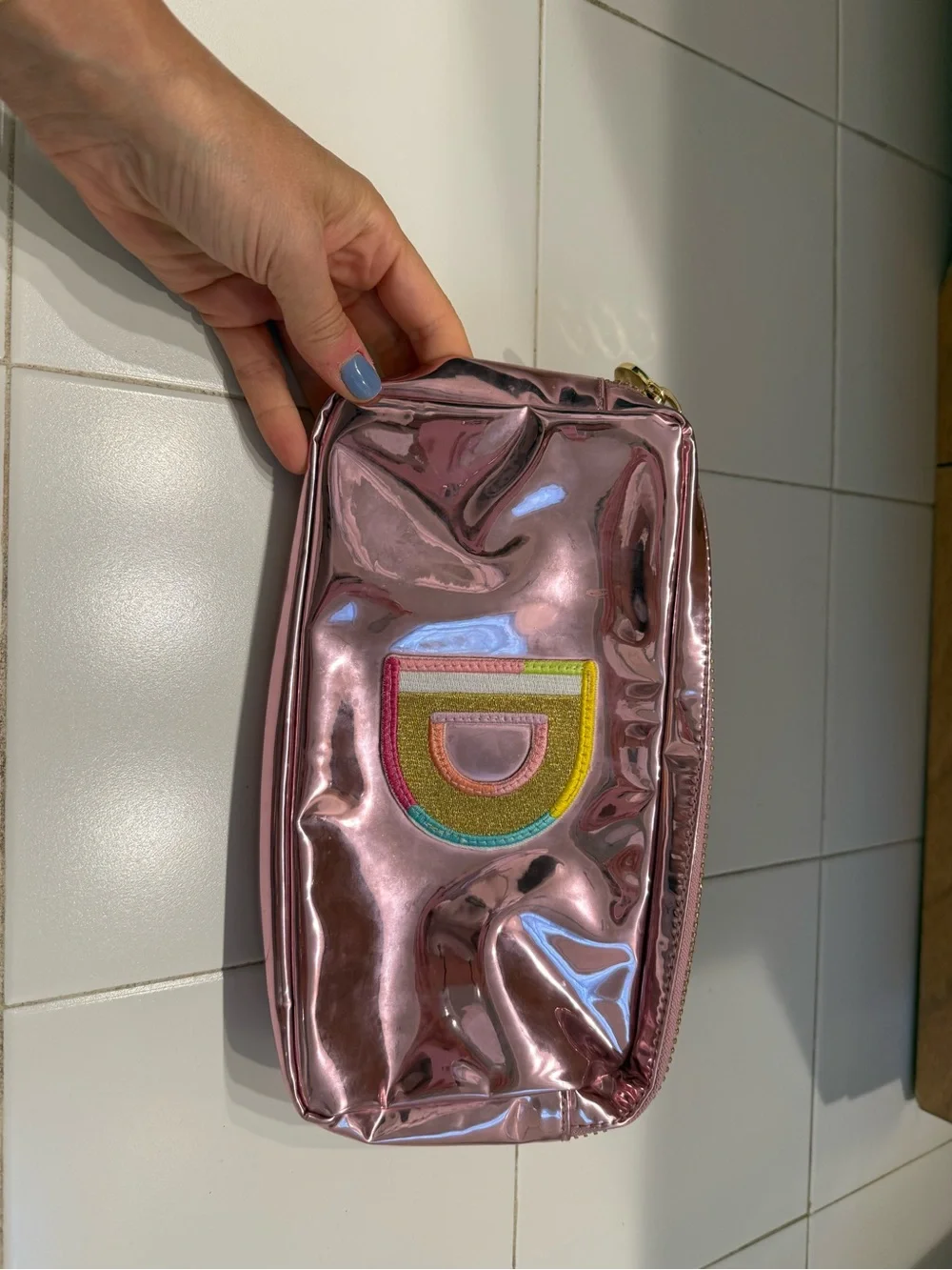 Stoney Clover Lane Metallic Rose Pink Cosmetic Pouch with Rainbow Patch